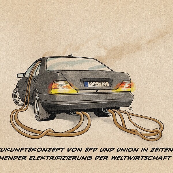 Illustration einer staatskarossenartigen schwarzen Oberklasse-Limousine der 1990er, deren Auspuffgase über vier Schläuche in deren Innenraum geleitet werden. Abgasschwaden entweichen. Die Rücklichter leuchten in den Bundesfarben. Das Nummernschild trägt das Akronym FCK-FTR1 für Fuck Future First. Textzeile: Das Zukunftskonzept von SPD und Union in Zeiten drohender Elektrifizierung der Weltwirtschaft