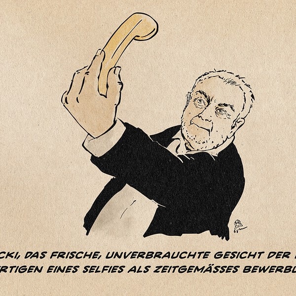 Illustration von Kubicki, der sich den Hörer eines alten, schnurgebundenen Telefons vor das Gesicht hält. Textzeile: Kubicki, das frische, unverbrauchte Gesicht der FDP beim Anfertigen eines Selfies als zeitgemäßes Bewerbungsbild