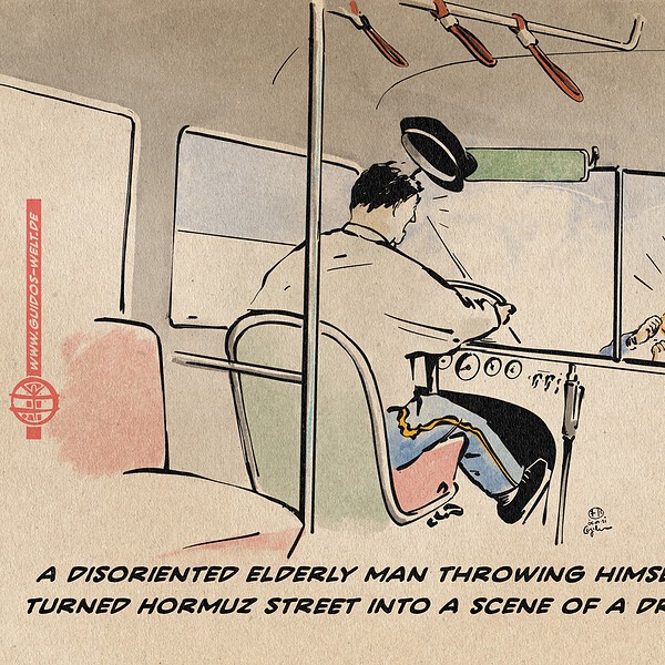 illustration showing the inside of a bus with the driver looking startled as he grips the wheel while his cap is flying forward. Through the windshield the stunned face of Trump in front of the bus, his hat and scarf flying upward. The scene conveys sudden alarm. Txtline: “A DISORIENTED ELDERLY MAN THROWING HIMSELF UNDER A BUS TURNED HORMUZ STREET INTO A SCENE OF A DRAMATIC INCIDENT.”