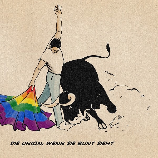 Illustration eines Menschen, der wie ein Torero mit einer Regenbogenfahne einem schnaubenden Stier ausweicht. Textzeile: Die Union, wenn sie bunt sieht.