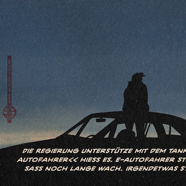 ILlustration eines Menschen, der in der frühen Morgendämmerung auf dem Dach seines Autos sitzt und in die Ferne schaut. Textzeile: Die Regierung unterstütze mit dem Tankrabatt >>die Autofahrer
