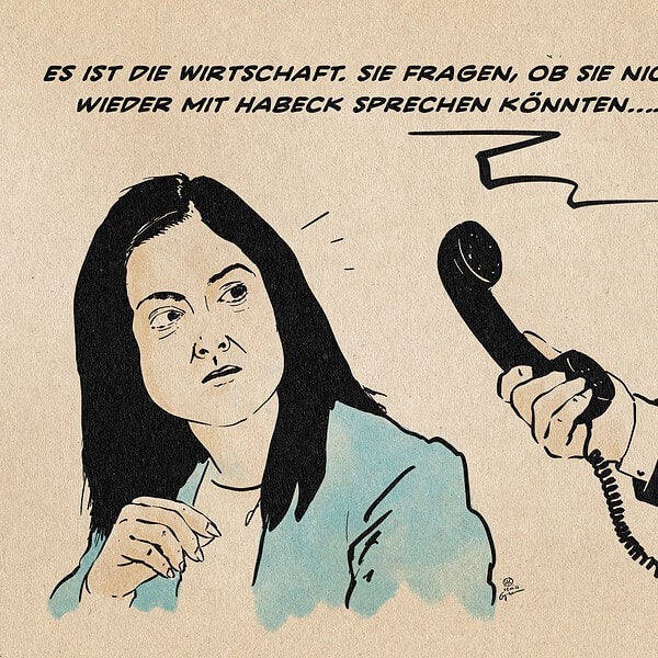 Illustration von einer erstaunten Frau Reiche der ein Telefonhörer hingehalten wird. Stimme aus dem Off: Es ist die Wirtschaft. Sie fragen, ob sie nicht wieder mit Habeck sprechen könnten..…