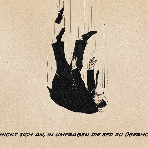 Illustration eines haltlos fallenden Merz. Textzeile: Merz schickt sich an, in Umfragen die SPD zu überholen.