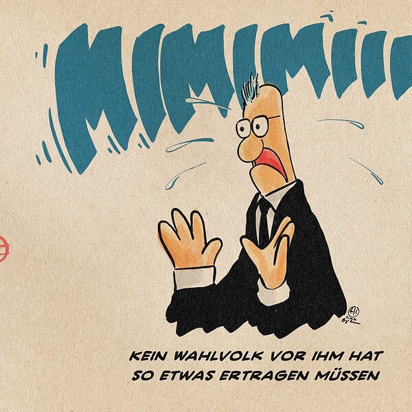Illustration von Merz als Bleak, der Mimimimi-Muppetfigur. Textzeile: Kein Wahlvolk vor ihm hat so etwas ertragen müssen - eine Adaption des Kanzlerzitats „Kein Bundeskanzler vor mir hat so etwas ertragen müssen“.