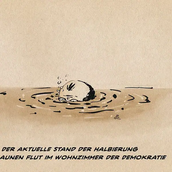 Illustration einer braunen Lache, aus deren Mitte die Stirn von Friedrich Merz ragt. Textzeile: Der aktuelle Stand der Halbierung der Braunen Flut im Wohnzimmer der Demokratie