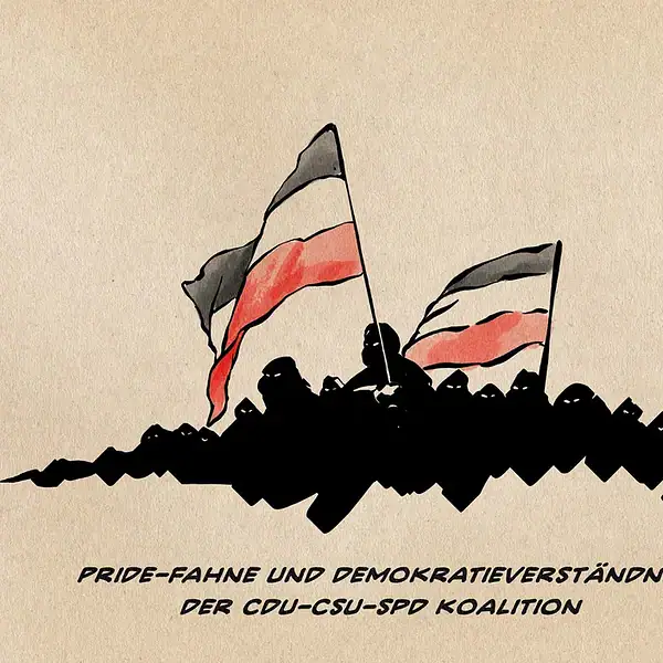 ILlustration eines stilisierten gefährlichen schwarzen Mobs mit Reichsfahnen in schwarz-weiß-rot. Textzeile: Pride-Fahne und Demokratieverständnis der cdu-csu-spd Koalition