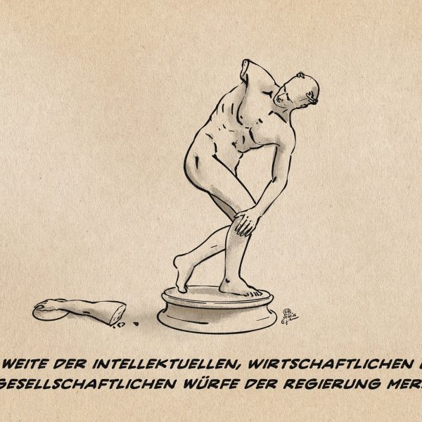 Illustration einer klassischen Diskuswerferstatue, die auf ihren am Boden liegenden abgebrochenen Diskusarm blickt. Textzeile: Die Weite der intellektuellen, wirtschaftlichen und gesellschaftlichen Würfe der Regierung Merz