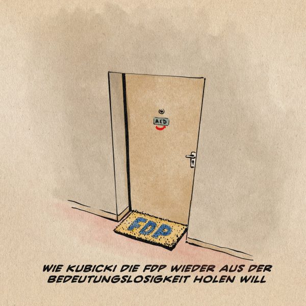 Illustration einer Wohngestaltung, die mit AfD beschriftet ist. Vor ihr liegt ein mit FDP beschrifteter gelber Fußabtreter. Textzeile: Wie Kubicki die FDP wieder aus der Bedeutungslosigkeit holen will.