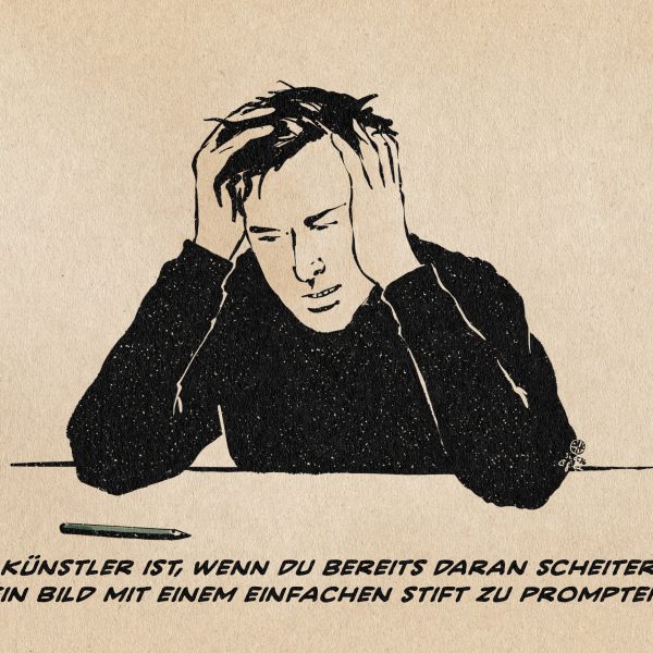 Illustration eines Menschen, der an einem Tisch sitzt, den Kopf in die Hände gestützt, hilflos einen vor ihm liegenden Stift fixiert. Textzeile: KI Künstler ist, wenn du bereits daran scheiterst, ein Bild mit einem einfachen Stift zu prompten.