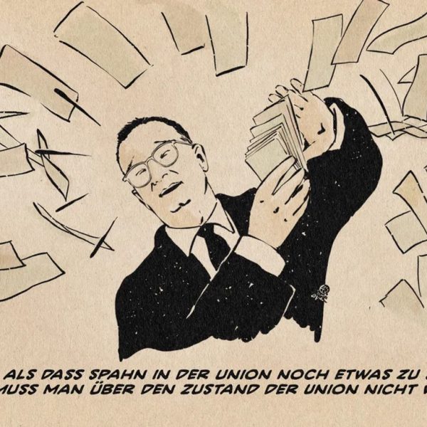 Illustration von Jens Spahn, der Geldscheine regnen lässt. Textzeile: Mehr als dass Spahn in der Union noch etwas zu sagen hat, muss man über den Zustand der Union nicht wissen.