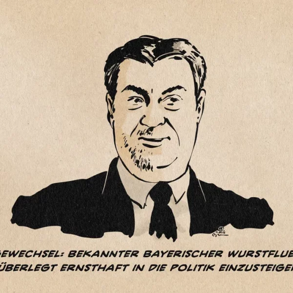 Illustration von Söder, dessen aus Betrachter*innenperspektive rechte Gesichtshälfte einen Dreitagebart hat und dessen linke glattrasiert ist. Textteile: Imagewechsel: Bekannter Bayerischer Wurstfluencer überlegt ernsthaft in die Politik einzusteigen.