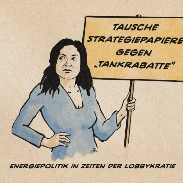 Illustration von Frau Reiche mit einem Schild, auf dem steht: Tausche Strategiepapiere gegen „Tankrabatte“