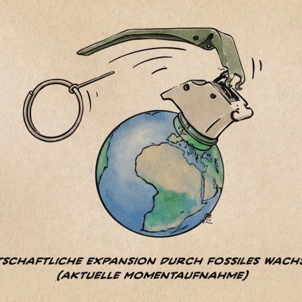 Illustration einer Erde als Handgranate im Flug mit abgezogenem Sicherungsstift und Bügel. Textzeile: Wirtschaftliche Expansion durch fossiles Wachstum (Aktuelle Momentaufnahme)