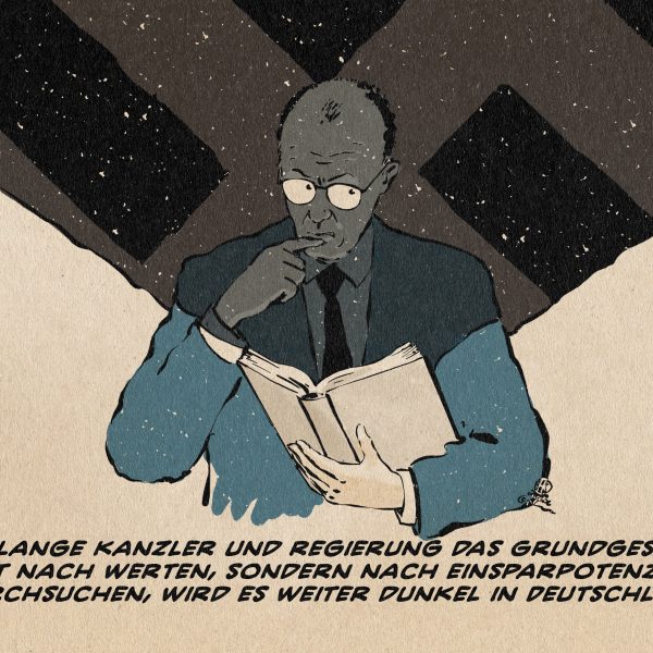 Illustration von Merz der ein großes aufgeschlagenes Buch hält und nachdenklich hinter sich blickt. Aus dem Buch wird es dunkel und taucht den oberen Teil von Merz in Nachtfarben. Hinter ihm taucht im Dunkel ein großes Hakenkreuz auf. Textzeile: Solange Kanzler und Regierung das Grundgesetz nicht nach Werten, sondern nach Einsparpotenzialen durchsuchen, wird es weiter dunkel in Deutschland