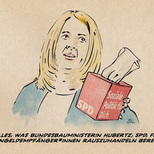 Illustration von Bundesbauministerin Hubertz reicht eine rote Packung Kleenex. Die Packung Kleenex ist beschriftet mit SPD - Soziale Politik für Dich. Textzeile: Alles, was Bundesbauministerin Hubertz, SPD, für Wohngeldempfänger*innen rauszuhandeln bereit ist.