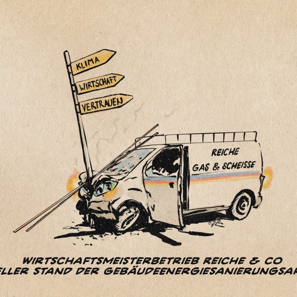 Illustration eines frontal gegen einen Wegweiser gefahrenen und völlig verbeulten Handwerkertransporters. Der Transporter ist mit den Innungsfarben der Installateure und dem Schriftzug Reiche Gas & Scheisse beschriftet. Der Wegweiser weist entgegen der Unfallrichtung in Richtung Klima, Wirtschaft und Vertrauen. textzeile: Wirtschaftsmeisterbetrieb Reiche & Co, Aktueller Stand der Gebäudenergiesanierungsarbeiten