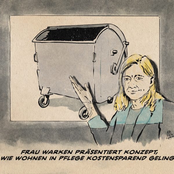 Illustration von Frau Warken im Lichtgang einer Beamerprojektion. Sie präsentiert einen Müllcontainer. Textzeile: Frau Warken präsentiert Konzept, wie Wohnen in Pflege kostensparend gelingt