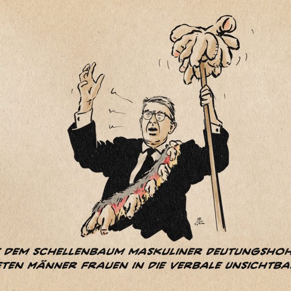 Illustration eines Mannes im Anzug, der mit einer Penisschärpe und einem Penisschellenbaum in der Hand theatralisch gestikuliert. Textzeile: Mit dem Schellenbaum maskuliner Deutungshoheit, bieten Männer Frauen in die verbale Unsichtbarkeit