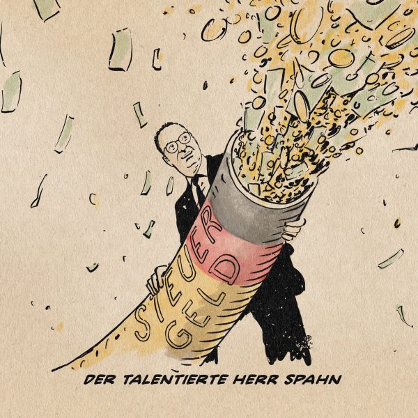 Illustration von Herrn Spahn, der begeistert einen pipelinestarken Schlauch in Landesfarben in die Höhe reckt, um durch einen massiven Geldstrahl Geld vom Himmel regnen zu lassen. auf dem Schlauch steht Steuergeld. Textzeile: Der talentierte Herr Spahn.