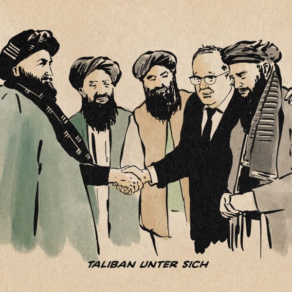 Illustration von Innenminister Dobrindt händeschüttelnd und Schulterklopfend inmitten von Taliban. Textzeile: Taliban unter sich