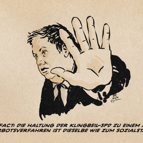Illustration eines Klingbeil der im Vorbeigehen mit der Hand abwinkt. Textzeile: Funfact: Die Haltung der Klingbeil-SPD zu einem AfD Verbotsverfahren ist dieselbe wie zum Sozialstaat.