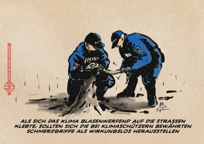 Illustration von zwei Polizisten, die weichgewordenen Asphalt im Polizeigriff haben und dessen Ende verdrehen. Textzeile: Als sich das Klima blasenwerfend auf die Straßen klebte, sollten sich die bei Klimaschützern bewährten Schmerzgriffe als wirkungslos herausstellen
