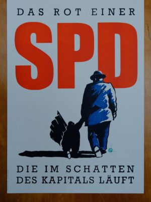 SPD Plakat mit rotem Logo und Illustration eines Erwachsenen mit Kind.
