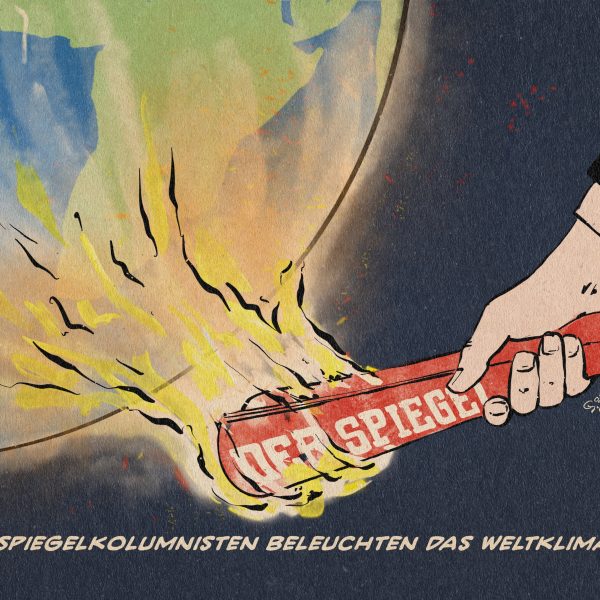 Illustration einer Hand mit einem brennenden, zu Fackel zusammengerollten SPIEGEL-Magazin, welches sie unter die Erde hält. Textzeile: Spiegelkolumnisten beleuchten das Weltklima