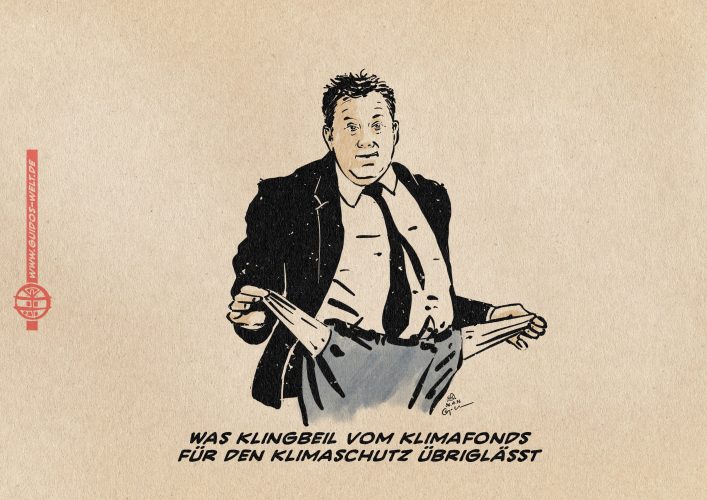 ILlustration von Klingbeil, der seine auf links gewendeten und aus der Hose gezogenen leeren Hosentaschen präsentiert. Textzeile: Was Klingbeil vom Klimafonds für den Klimaschutz übriglässt.