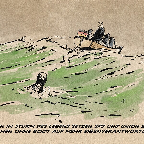 Illustration einer Frau mit Kind im stürmischen Wasser des aufgewühlten Meeres. Von ihr fährt ein Motorboot weg, der am Steuer sich zu Uhr umblickend. Textzeile: Mitten im Sturm des Lebens setzen Spuren und Unikönnige bei Menschen ohne Boot auf mehr Eigenverantwortung
