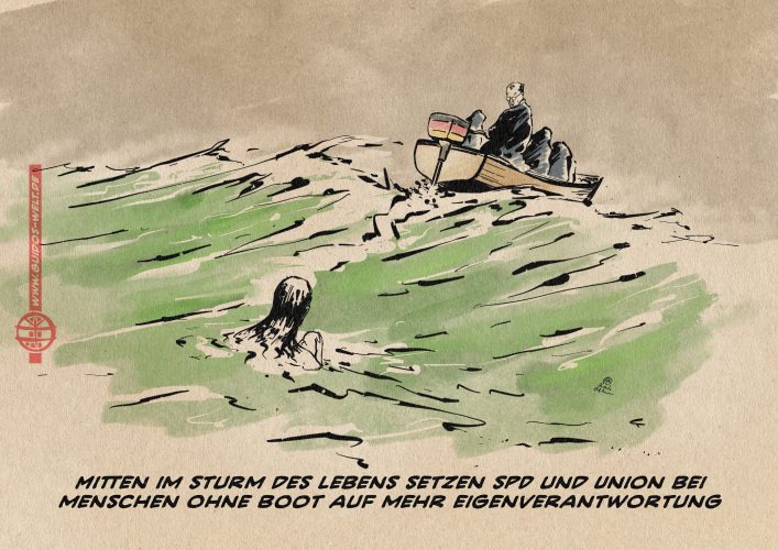Illustration einer Frau mit Kind im stürmischen Wasser des aufgewühlten Meeres. Von ihr fährt ein Motorboot weg, der am Steuer sich zu Uhr umblickend. Textzeile: Mitten im Sturm des Lebens setzen Spuren und Unikönnige bei Menschen ohne Boot auf mehr Eigenverantwortung