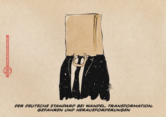 Illustration eines Mannes im Anzug mit einer über den Koof gestülpten Pappeinkaufstüte. Textzeile: Der deutsche standard bei Wandel, Transformation, Gefahren und Herausforderungen