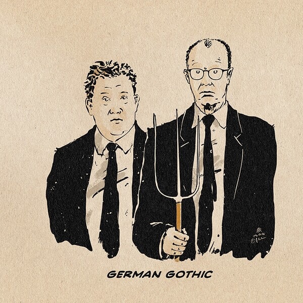 Illustration eines Bildzitates von „American Gothic“ (1930) von Grant Wood in welchem Klingbeil hinter Merz steht, der eine Mistgabel hält. Textzeile: German Gothic