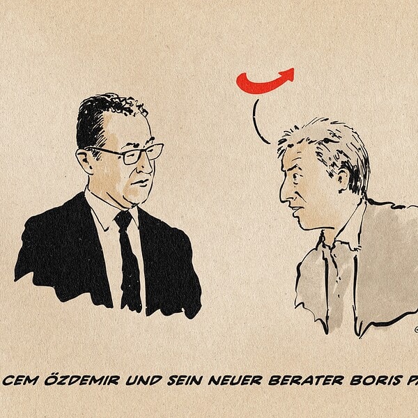 Illustration von Cem Özdemir und Boris Palmer. Palmer spricht zu ihm, dargestellt mit einem AFD-Logopfeil. Textzeile: Chem Özdemir und sein neuer Berater Boris Palmer