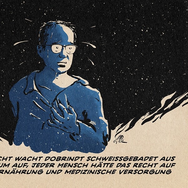 Illustration von Dobrindt schweißgebadet bei Nacht aufrecht sitzend im Pyjama, die Hand an die Brust gekrallt. Textzeile: Nacht für Nacht wacht Dobrindt schweißgebadet aus seinem Alptraum auf. Jeder Mensch hätte das Recht auf Unterkunft, Ernährung und medizinische Versorgung.