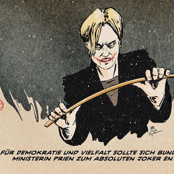 Illustration von Frau Prien als Horroraction-Comicfigur Joker. TExtzeile: Für Demokratie und Vielfalt sollte sich Bundesfamilienministerin Prien zum absoluten Joker entwickeln