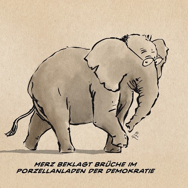 Karikatur eines Elefanten mit Brille, symbolisch für politische Kritik.