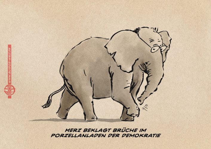 Karikatur eines Elefanten mit Brille, symbolisch für politische Kritik.