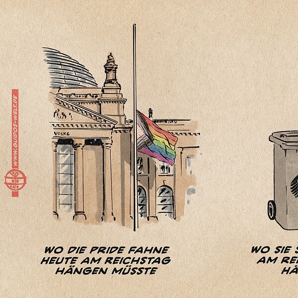 Illustration in Art eines Diptychons: links der Reichtsag mit einem davor stehendem Fahnenmast an welchem die Regenbogenfahne auf Halbmast hängt. Rechts eine Mülltonne mit dem Wappen des Bundestages aus welchem eine Regenbogenfahne hängt. Textzeile links: wo die Pridefahne heute am Reichstag hängen müsste. Textzeile rechts: wo sie seit 2025 am Reichstag hängt.