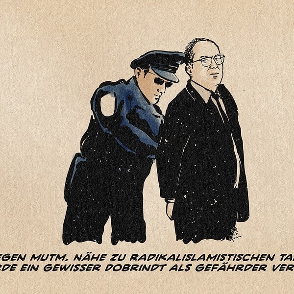 Illustration von Dobrindt, der verhaftet wird. Textzeile: Wegen mutm. NÄhe zu radikalislamistischen Taliban wurde ein gewisser Dobrindt als Gefährder verhaftet.