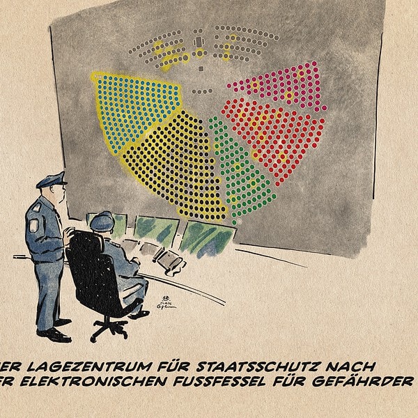 Illustration eines Lagezentrums, zwei Beamte beobachten einen großen Bildschirm. auf dem Bildschirm ist die Sitzverteilung im aktuellen Bundestag zu sehen, wobei AFD ganz blinkt, die Union mehrheitlich und bei der SPD viele, bei Linken und grünen einzelne Sitzplätze gelb blinken. Textzeile: Das Berliner Lagezentrum für Staatsschutz nach Einführung der elektronischen Fußfessel für Gefährder.