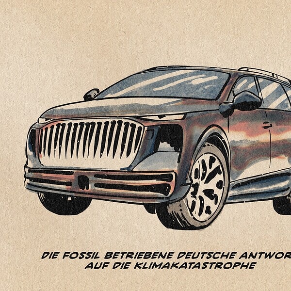Illustration eines Audi Q9. Textzeile: Die fossil betriebene deutsche Antwort auf die Klimakatastrophe