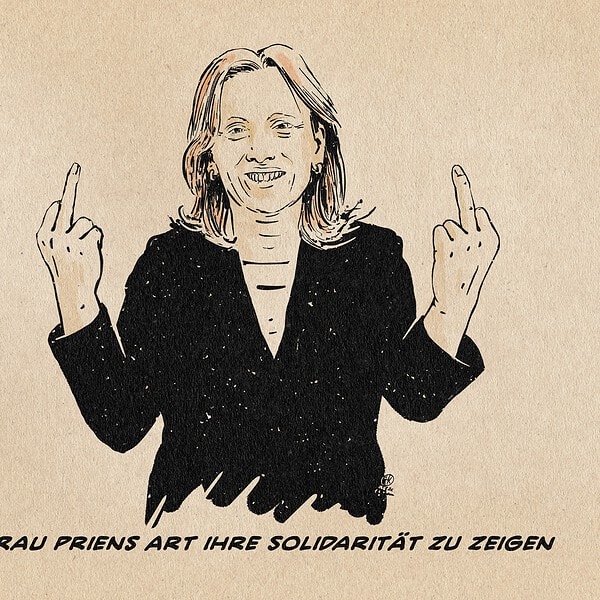 Frau Prien reckt fröhlich lächelnd zwei Mittelfinger hoch. Textteile: Frau Priens Art ihre Solidarität zu zeigen
