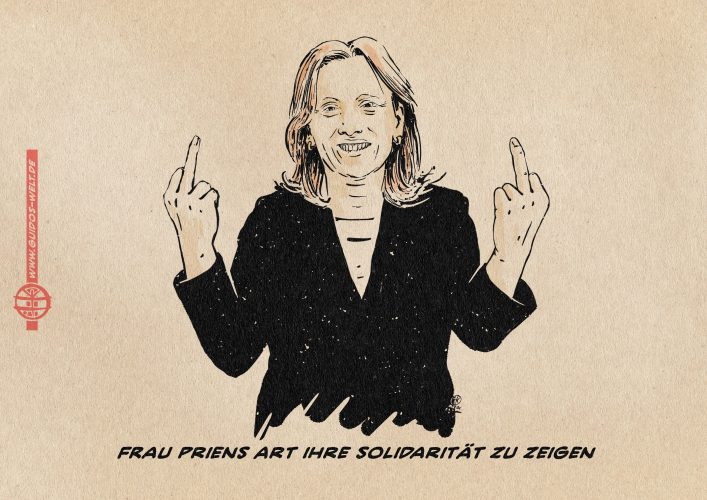Frau Prien reckt fröhlich lächelnd zwei Mittelfinger hoch. Textteile: Frau Priens Art ihre Solidarität zu zeigen