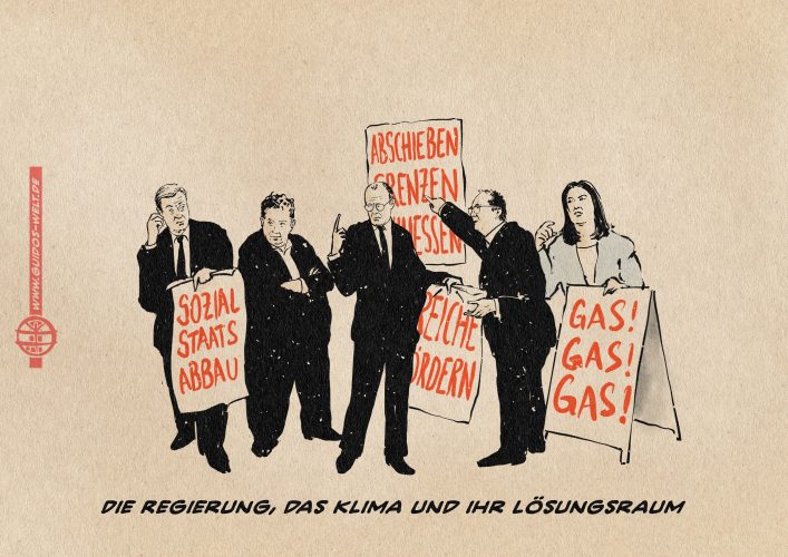 Illustration von Söder, Klingbeil, Merz, Dobrindt und Reiche, die stehend mit Flipchartpapieren in Händen und an der Wand diskutieren. auf den Papieren steht in großen roten Buchstaben: Sozialstaatsabbau, Reiche fördern, Abschieben, Grenzen schließen und GAS! GAS! GAS!. TExtzeile: Die Regierung, das Klima und ihr Lösungsraum