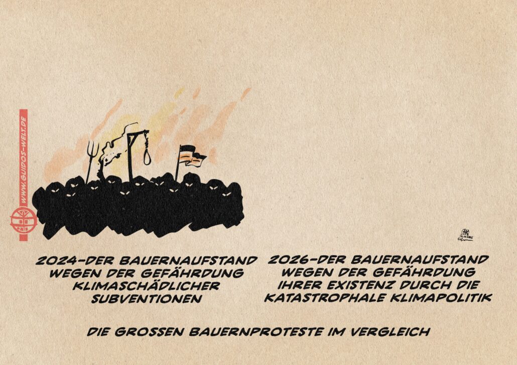 Illustration in Art eines Diptychons: links ein schwarzer Mob mit Galgen, Fackel, Mistgabel und Reichsflagge. Rechts: nichts. Textzeile links: 2024-der Bauernaufstand wegen der Gefährdung klimaschädlicher Subventionen Textzeile rechts: 2026-der Bauernaufstand wegen der Gefährdung ihrer Existenz durch die katastrophale Klimapolitik Textzeile darunter: Die großen Bauernproteste im Vergleich