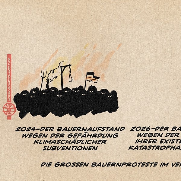Illustration in Art eines Diptychons: links ein schwarzer Mob mit Galgen, Fackel, Mistgabel und Reichsflagge. Rechts: nichts. Textzeile links: 2024-der Bauernaufstand wegen der Gefährdung klimaschädlicher Subventionen Textzeile rechts: 2026-der Bauernaufstand wegen der Gefährdung ihrer Existenz durch die katastrophale Klimapolitik Textzeile darunter: Die großen Bauernproteste im Vergleich