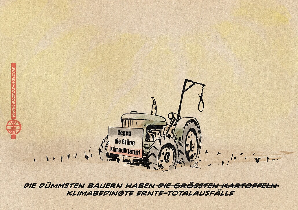 Illustration eines verlassenen alten Traktors auf einem toten Feld unter gleißender Sonne. Der Traktor ist noch im Demo-Outfit der Bauernproteste gegen Habeck und Wegfall der Dieselsubventionen mit einem Galgen am Heck und einem Schild in Reichsfarben vorne auf dem steht: Gegen die grüne Klimadiktatur!