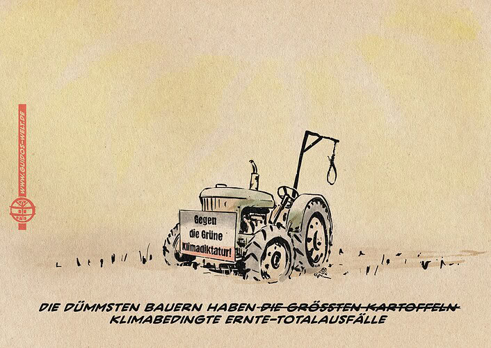Illustration eines verlassenen alten Traktors auf einem toten Feld unter gleißender Sonne. Der Traktor ist noch im Demo-Outfit der Bauernproteste gegen Habeck und Wegfall der Dieselsubventionen mit einem Galgen am Heck und einem Schild in Reichsfarben vorne auf dem steht: Gegen die grüne Klimadiktatur!