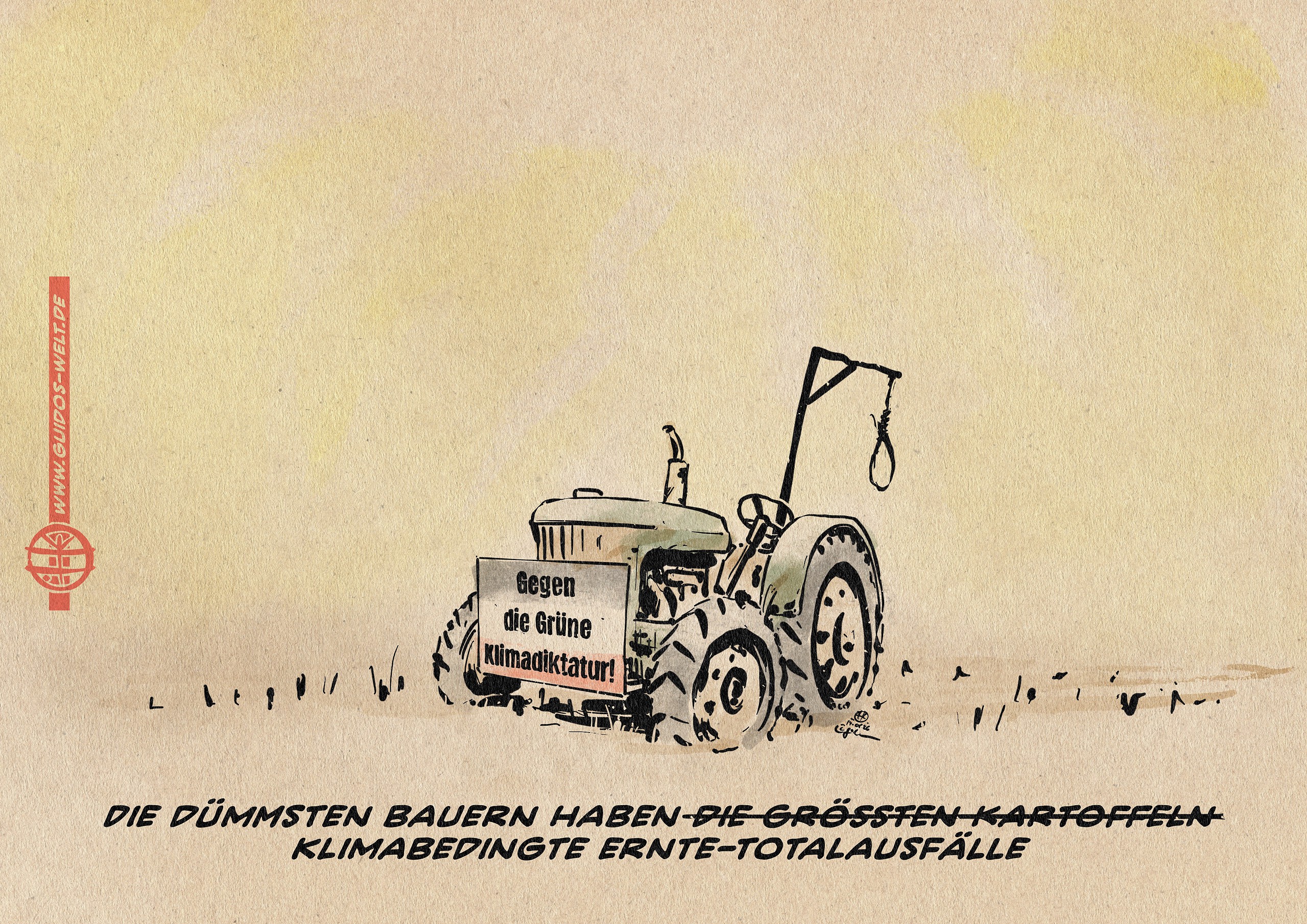 Illustration eines verlassenen alten Traktors auf einem toten Feld unter gleißender Sonne. Der Traktor ist noch im Demo-Outfit der Bauernproteste gegen Habeck und Wegfall der Dieselsubventionen mit einem Galgen am Heck und einem Schild in Reichsfarben vorne auf dem steht: Gegen die grüne Klimadiktatur!